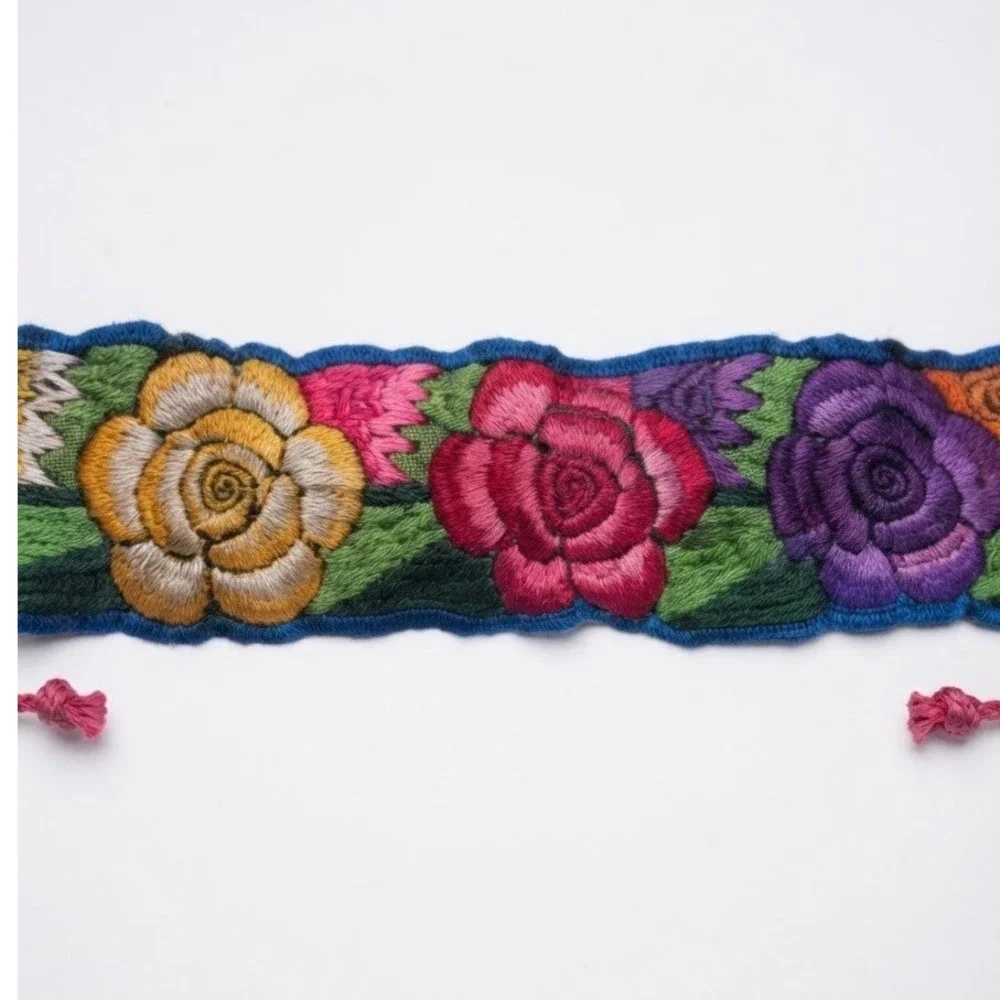 Handmade Floral Embroidered Belt Multi Color Rose Folk Art Sash Tie Waist Boho